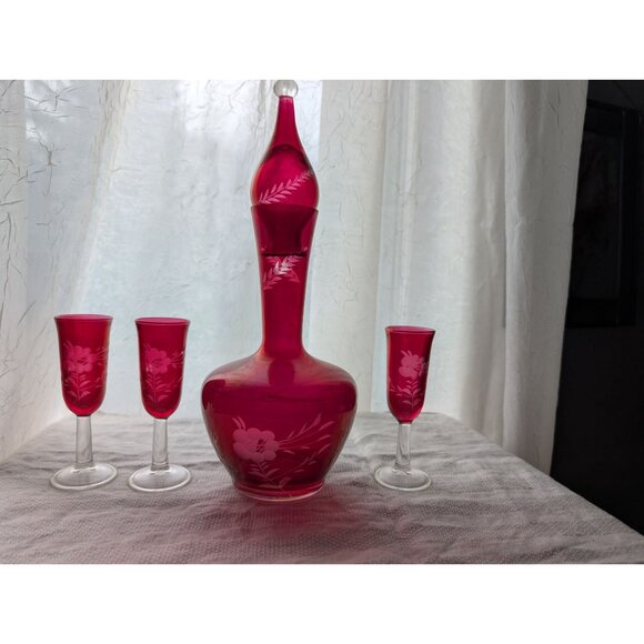 Vintage Craberry Etched Glass Decanter Set With Stopper 3 Matching Cordial Glass - Picture 1 of 7